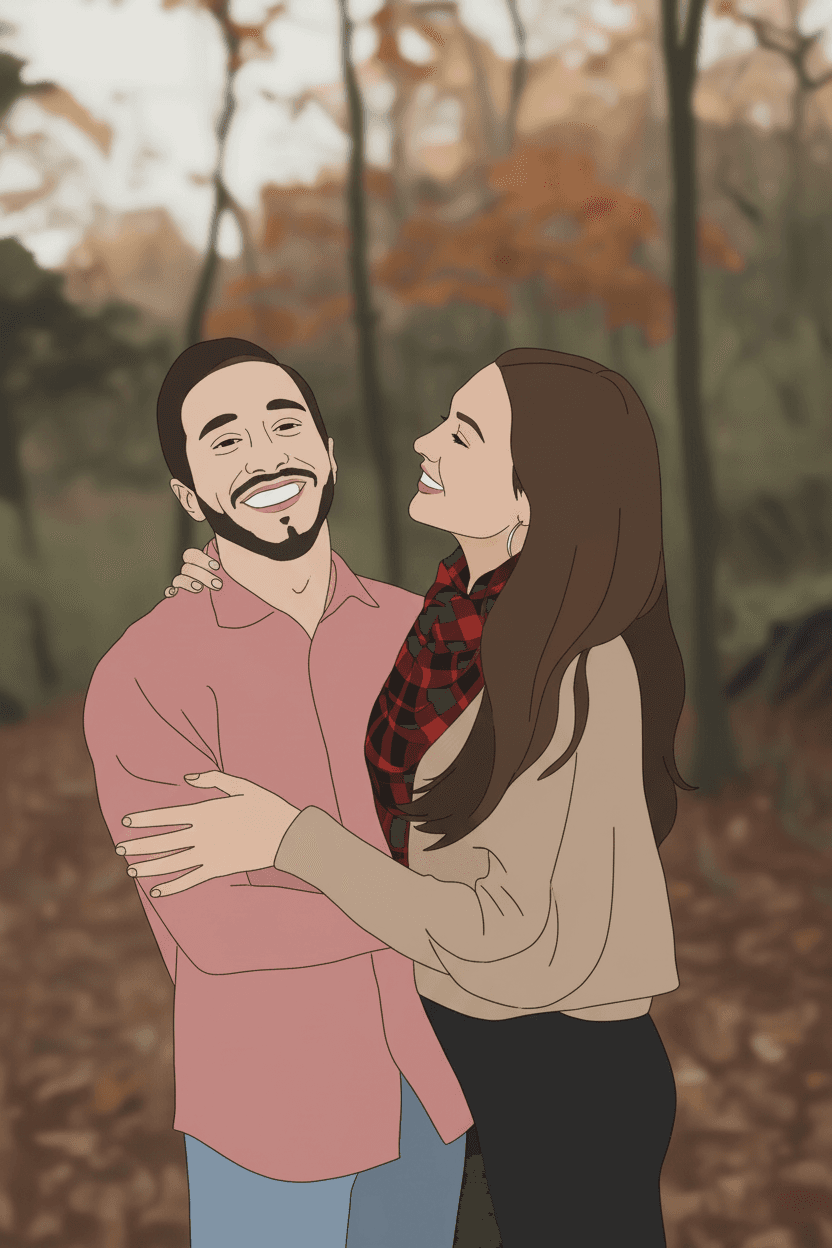 Minimalist illustrated portrait of a couple laughing together among autumn trees, traced from a photo