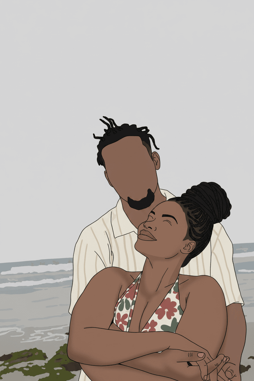 Minimalist couple portrait at the beach, soft illustrated style