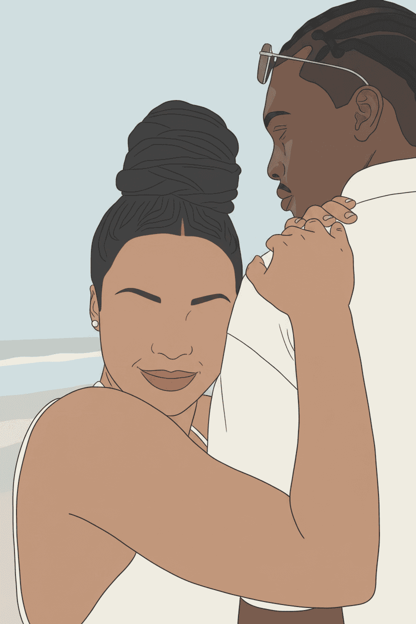 Monochrome line-art portrait of a couple embracing, minimal faceless style