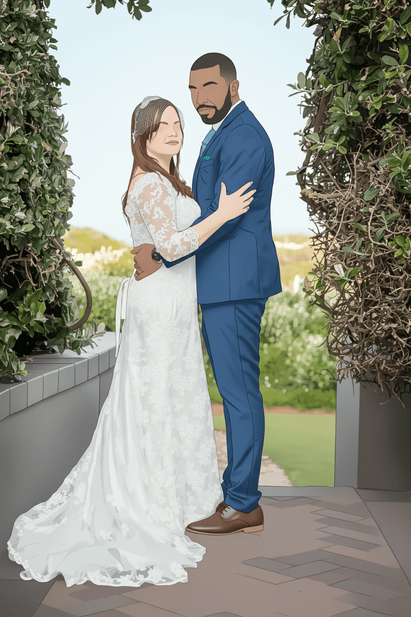 Minimalist illustrated wedding portrait of a bride and groom in a garden
