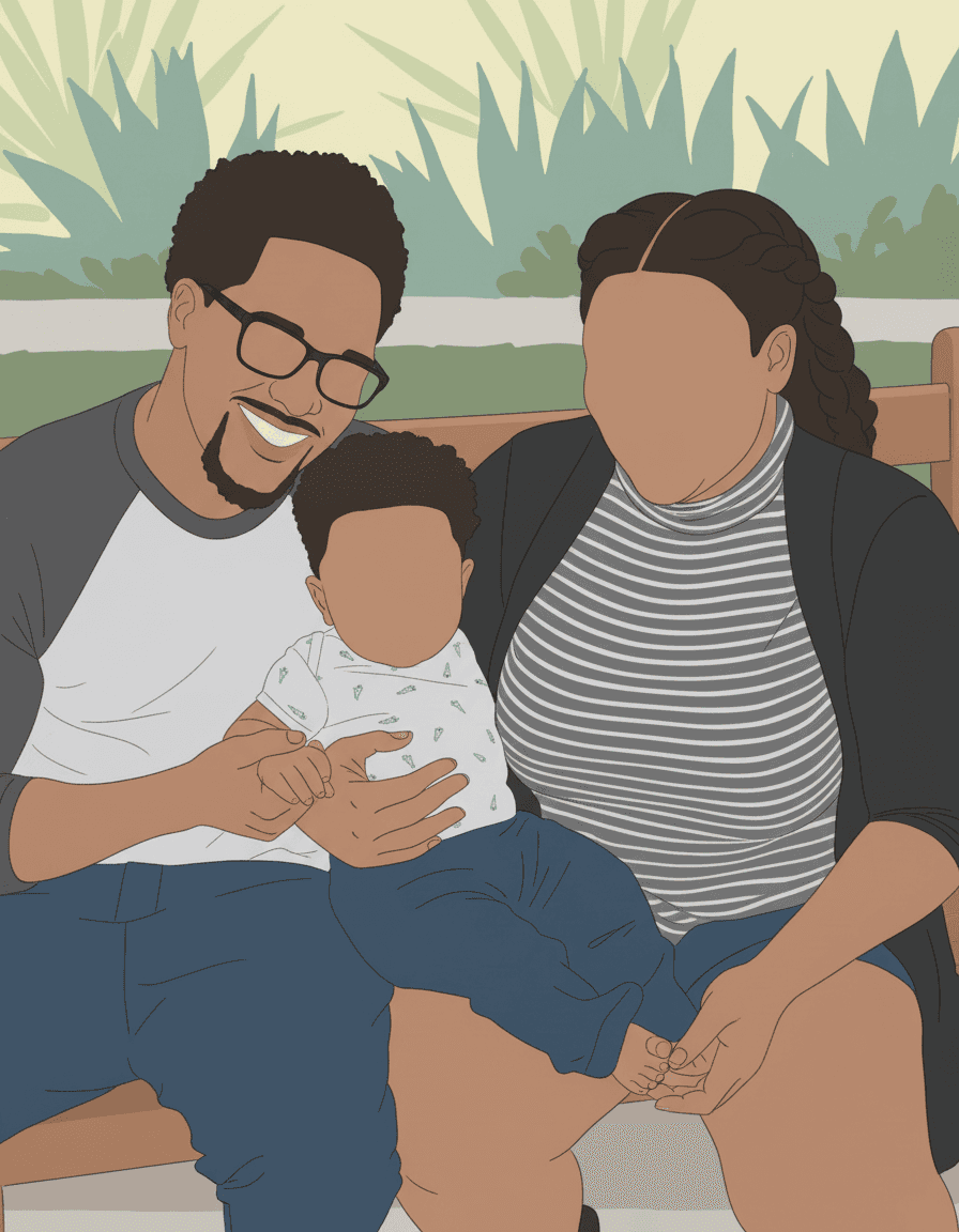 New parents holding their baby in a soft illustrated family portrait