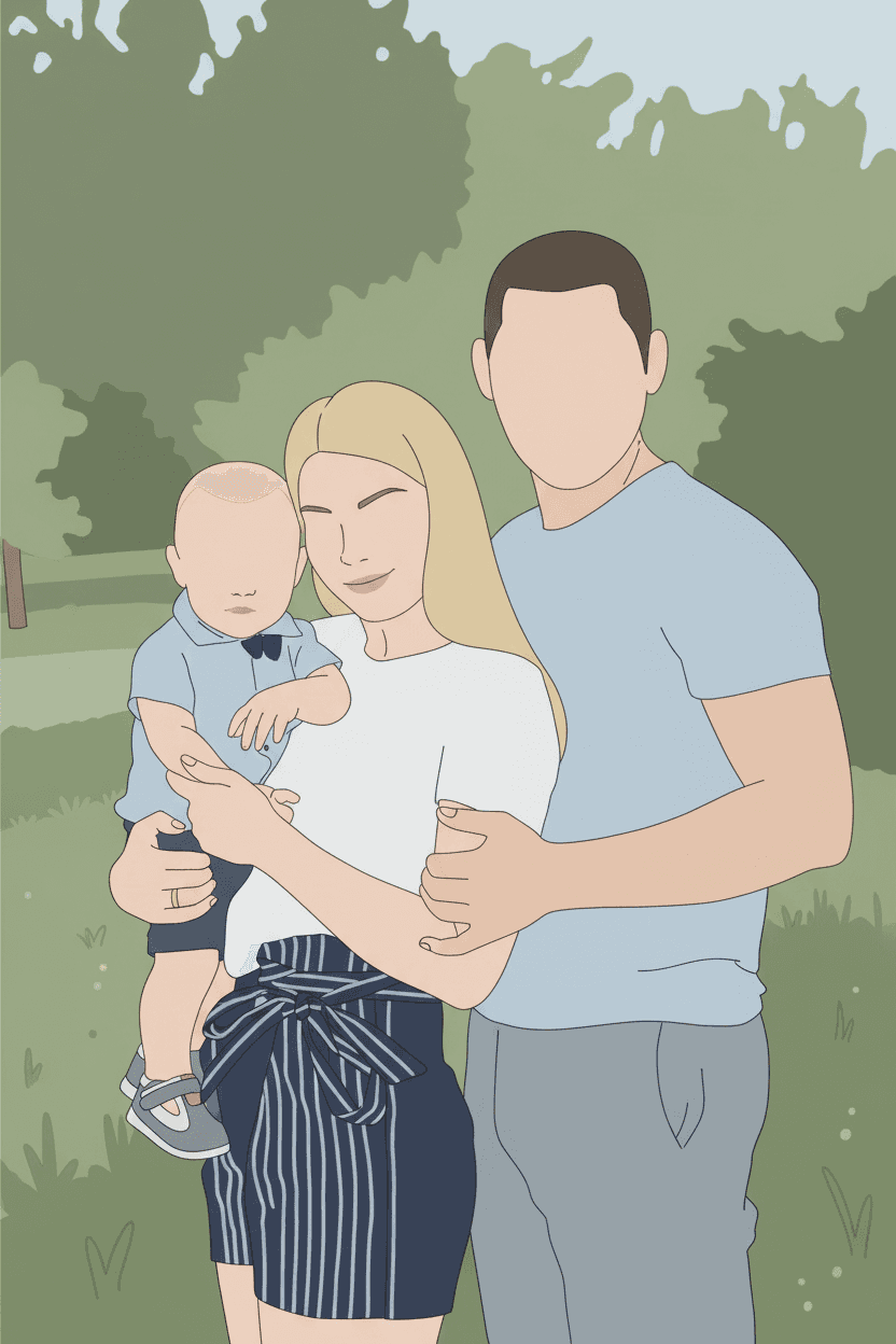 Illustrated family portrait of parents and a baby, minimal line-art style