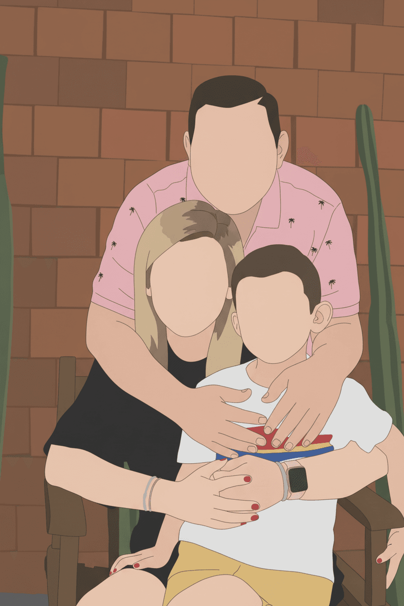 Minimalist portrait of a family of three smiling together, traced from a photo
