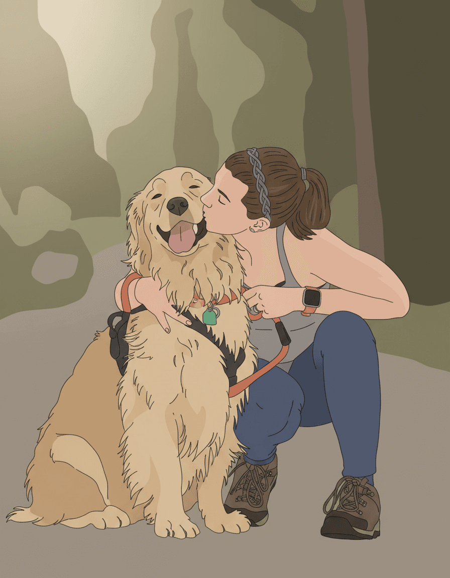 Minimalist illustrated portrait of a woman with her golden retriever
